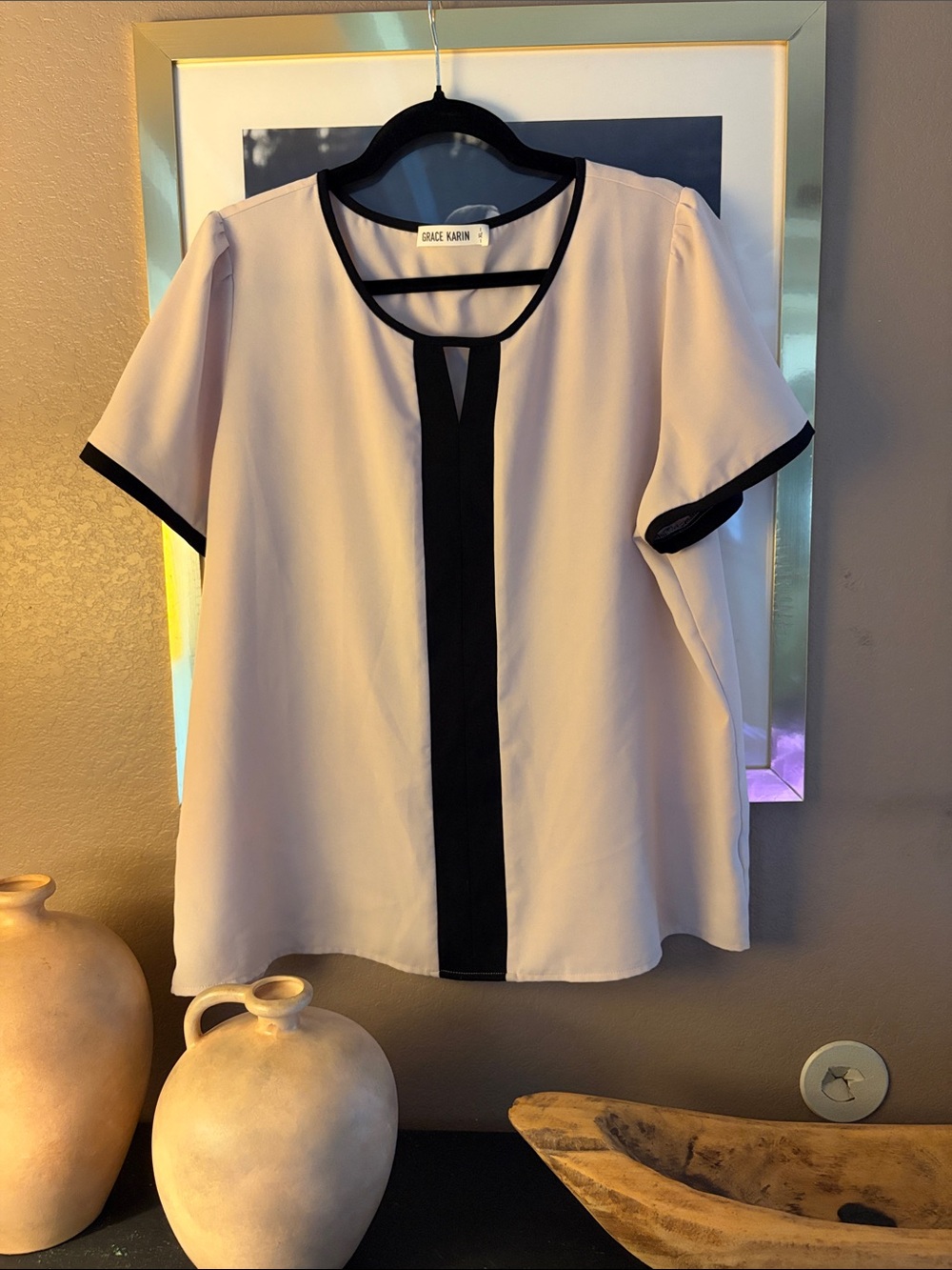 Grace Karin Cream Blouse with Black Trim size XL